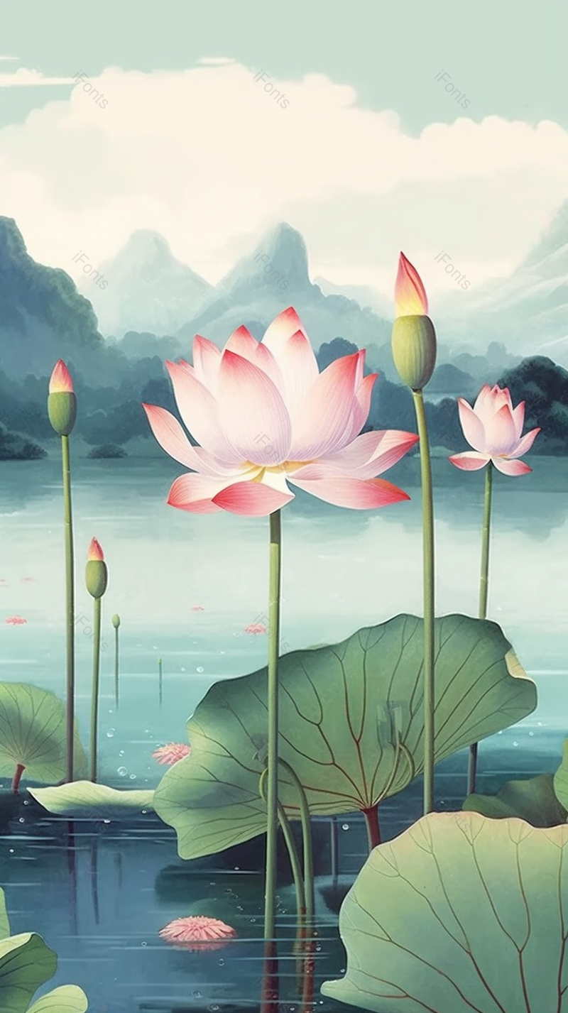 淡雅夏天夏至荷花盛开开花荷叶植物水面户外景色自然插画,插画/手绘图,插画/手绘图库,插画/手绘图下载,插画/手绘